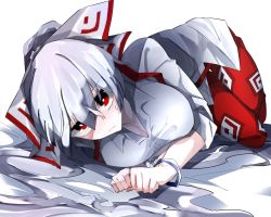 Rule 34 | bdsm, bed sheet, blush, bondage, bound, bound arms, bow, breasts, cleavage, collared shirt, cuffs, fujiwara no mokou, hair bow, handcuffs, highres, large breasts, long hair, long sleeves, looking at viewer, lying, ofuda, ofuda on clothes, on side, pants, red eyes, red pants, shirt, sidelocks, simple background, suspenders, sweat, touhou, very long hair, vivo (vivo sun 0222), white background, white hair, white shirt