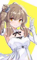 Rule 34 | 1girl, bad id, bad pixiv id, blush, breasts, brown eyes, brown hair, cevio, cleavage, closed mouth, collar, commentary request, detached collar, dress, elbow gloves, gloves, grey background, hand up, highres, long hair, looking at viewer, satou sasara, side ponytail, sidelocks, small breasts, smile, solo, strapless, strapless dress, two-tone background, upper body, v, white collar, white dress, white gloves, wing collar, yellow background, yusake san