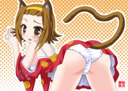 Rule 34 | animal ears, ass, bare shoulders, bent over, blush, bow, bra, brown eyes, brown hair, cat ears, cat tail, embarrassed, headband, japanese clothes, k-on!, kimono, lingerie, open mouth, panties, pixiv sample, resized, short hair, tail, tainaka ritsu, underwear, white bra, white panties