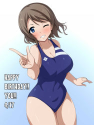 Rule 34 | 1girl, ;), aqua eyes, artist name, artist request, bare legs, bare shoulders, blue eyes, blue one-piece swimsuit, blush, breasts, brown hair, collarbone, competition school swimsuit, female focus, gradient background, grey hair, hair between eyes, highres, large breasts, light brown hair, looking at viewer, love live!, love live! school idol festival, love live! sunshine!!, one-piece swimsuit, one eye closed, pointing, pointing at viewer, school swimsuit, short hair, smile, solo, swimsuit, watanabe you