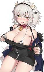 Rule 34 | 1girl, absurdres, ahoge, animal ears, animal print, bell, bikini, black dress, black fur, blue jacket, blush, breasts, chinese zodiac, cleavage, collar, cow ears, cow horns, cow print, cowbell, dress, embarrassed, fake animal ears, fake horns, fate/grand order, fate (series), fur trim, headband, highres, horns, jacket, jeanne d&#039;arc (fate), jeanne d&#039;arc alter (fate), jeanne d&#039;arc alter (ver. shinjuku 1999) (fate), large breasts, ndgd, official alternate costume, open mouth, print bikini, pulled by self, red collar, silver hair, sitting, strap pull, sweatdrop, swimsuit, teeth, thighs, wicked dragon witch ver. shinjuku 1999, year of the ox