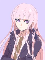 Rule 34 | 1girl, blunt bangs, braid, closed eyes, closed mouth, coat, danganronpa (series), expressionless, eyelashes, kirigiri kyoko, long hair, long sleeves, looking at viewer, necktie, potechi norisio, purple background, purple eyes, shirt, sidelocks, simple background, solo, upper body, wing collar