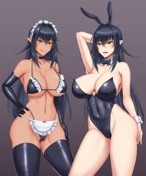 Rule 34 | 1girl, akitsuki karasu, animal ears, annerose vajra, apron, arm up, armpits, bikini, black bow, black bowtie, black choker, black gloves, black leotard, black thighhighs, blush, bow, bowtie, breasts, choker, cleavage, closed mouth, collarbone, commentary, commentary request, commission, covered navel, cowboy shot, crossed bangs, detached collar, elbow gloves, gloves, highleg, highleg leotard, koutetsu no majo annerose, koutetsu no majo anneroze, large breasts, leotard, long hair, looking at viewer, maid, maid bikini, maid headdress, multiple views, navel, parted lips, playboy bunny, pointy ears, rabbit ears, sideboob, simple background, skeb commission, smile, swimsuit, tan, thighhighs, thighs, unconventional maid, underboob, white apron, wrist cuffs, yellow eyes