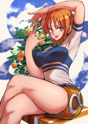 Rule 34 | 1girl, :p, aosora2823, arm up, artist name, bare legs, breasts, commentary, crossed legs, english commentary, feet out of frame, food, fruit, fruit tree, hair between eyes, happy birthday, highres, holding, holding money, large breasts, legs, looking at viewer, miniskirt, money, nami (one piece), one piece, orange (fruit), orange eyes, orange hair, shirt, short hair, short sleeves, shorts, sitting, skirt, solo, striped clothes, striped shirt, thighs, tongue, tongue out, tree, watermark