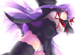 Rule 34 | 10s, 1girl, bb (fate), bb (fate/extra), black dress, black thighhighs, blush, dress, fate/extra, fate/extra ccc, fate (series), hair ribbon, jacket, lace, lace-trimmed legwear, lace trim, long hair, looking at viewer, neck ribbon, open clothes, open jacket, panties, pantyshot, purple eyes, purple hair, red ribbon, ribbon, short dress, smile, solo, standing, thighhighs, underwear, very long hair, white panties, yude
