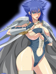 Rule 34 | 1girl, bastard!!, black background, blue eyes, blue hair, blush, bracer, breasts, cape, covering privates, covering breasts, cowboy shot, female focus, fingerless gloves, gloves, highleg, highleg leotard, huracan, kai harn, large breasts, legband, leotard, matching hair/eyes, navel, open mouth, solo, sweat, sword, weapon