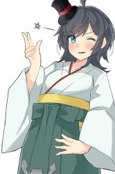 Rule 34 | 1girl, absurdres, ahoge, anchor, black hair, blue eyes, commentary request, cowboy shot, dokuganryuu, hakama, hakama skirt, hand on own hip, hat, highres, japanese clothes, kantai collection, kimono, looking at viewer, matsukaze (kancolle), meiji schoolgirl uniform, mini hat, mini top hat, one-hour drawing challenge, one eye closed, short hair, simple background, skirt, smile, solo, swept bangs, top hat, wavy hair, white background