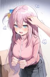 Rule 34 | 1girl, @ @, absurdres, aqua eyes, bent over, black skirt, blush, bocchi the rock!, box, breasts, clenched hands, cube hair ornament, drooling, flying sweatdrops, gotoh hitori, gradient background, hair between eyes, hair ornament, hand on another&#039;s head, highres, jacket, large breasts, long hair, long sleeves, looking at viewer, misyune, one side up, open mouth, pink hair, pink jacket, skirt, sleeves past wrists, sweat, tearing up, tears, teeth, track jacket, trembling