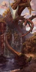 Rule 34 | bad id, bad pixiv id, canyon, cloud, dragon, hattori arno, hattoriano, no humans, original, scenery, sky, tail, tree, water, wings, wyvern