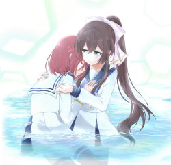 Rule 34 | 2girls, aqua eyes, assault lily, black thighhighs, blue sailor collar, bow, bowtie, brown hair, buttons, closed eyes, closed mouth, commentary request, cowboy shot, frilled skirt, frills, hair between eyes, hair bow, hand on another&#039;s arm, hand on another&#039;s back, hand on another&#039;s chest, hand up, hands up, hatsukano you, head on another&#039;s shoulder, heads together, high ponytail, highres, honeycomb (pattern), honeycomb background, inoguchi minto, jewelry, light blush, light smile, long hair, long sleeves, looking at another, medium hair, miniskirt, multiple girls, official alternate costume, parted lips, partially submerged, ponytail, red hair, ring, sailor collar, sailor shirt, serizawa chikaru, shirt, sidelocks, skirt, standing, striped, striped bow, thighhighs, very long hair, wading, water, white background, white bow, white bowtie, white sailor collar, white shirt, white skirt, zettai ryouiki