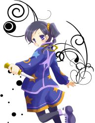 Rule 34 | 1boy, bad id, bad pixiv id, black hair, black pantyhose, coat, dagger, hair ornament, hairpin, highres, jay (tales), knife, looking back, male focus, pantyhose, ponytail, purple eyes, rein rise, shoes, shorts, solo, tales of (series), tales of legendia, weapon