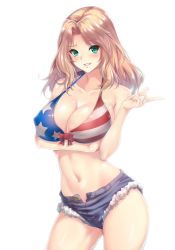 Rule 34 | 10s, 1girl, american flag bikini, bare arms, bare shoulders, bikini, bikini top only, blonde hair, blush, breast hold, breasts, cleavage, collarbone, covered erect nipples, cowboy shot, cutoffs, flag print, girls und panzer, green eyes, grin, hair intakes, kay (girls und panzer), large breasts, long hair, looking at viewer, navel, shiny skin, short shorts, shorts, smile, solo, stomach, swimsuit, zucchini