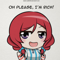 Rule 34 | blackrose14344, chibi, crossover, highres, looking at viewer, love live!, love live! school idol project, nishikino maki, open mouth, product girl, red hair, short hair, smile, smirk, smug, solo, wendy&#039;s, wendy (wendy&#039;s)