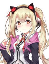 Rule 34 | 1girl, :3, anchor necklace, animal ears, azur lane, bad id, bad pixiv id, bell, black jacket, blonde hair, blush, breasts, candy, cat ears, closed mouth, collared shirt, commentary request, concord (azur lane), drawstring, fake animal ears, food, hand up, headphones, highres, himexin, holding, holding candy, holding food, holding lollipop, jacket, jewelry, jingle bell, lollipop, long hair, long sleeves, looking at viewer, medium breasts, mole, mole under eye, neck ribbon, necklace, open clothes, open jacket, red eyes, red ribbon, ribbon, shirt, sidelocks, simple background, sleeves past wrists, solo, star-shaped pupils, star (symbol), symbol-shaped pupils, twintails, upper body, white background, white shirt