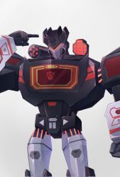 Rule 34 | 1boy, armor, black armor, commentary, cowboy shot, cropped legs, english commentary, evil, evil eyes, expressionless, highres, hinomoto gen, male focus, mecha, mercenary (transformers), pause button, play button, red eyes, robot, shoulder cannon, soundblaster, symbol, transformers, transformers cyberverse, white background
