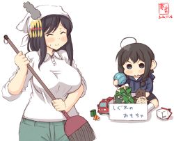Rule 34 | 2girls, aged down, ahoge, alternate costume, artist logo, ball, black hair, blue eyes, blue hoodie, braid, broom, brown hair, child, closed eyes, collared shirt, commentary request, dated, denim, e16a zuiun, hair ornament, hair over shoulder, head scarf, highres, holding, holding broom, hood, hood down, hoodie, jeans, kanon (kurogane knights), kantai collection, kneehighs, light blush, long sleeves, multiple girls, pants, shigure (kancolle), shirt, short hair, simple background, single braid, sitting, smile, socks, sweatdrop, the yuudachi-like creature, toy airplane, toy box, toy car, translation request, white background, white legwear, white shirt, yamashiro (kancolle)