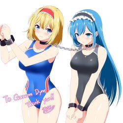 2girls alice_margatroid alternate_costume black_hairband black_one-piece_swimsuit blonde_hair blue_eyes blue_hair blue_one-piece_swimsuit blush bound_together breasts chain closed_mouth collarbone commentary_request commission covered_navel cuffs english_text frilled_hairband frills groin hairband highres hinanawi_tenshi long_hair multiple_girls one-piece_swimsuit red_hairband rise_(rise19851203) simple_background skeb_commission sweatdrop swimsuit touhou very_long_hair white_background