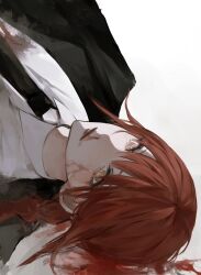 Rule 34 | 1girl, black jacket, black necktie, blood, blood on clothes, blood on face, chainsaw man, collared shirt, formal, highres, inuo (inuo x), jacket, looking at viewer, makima (chainsaw man), medium hair, necktie, on floor, pool of blood, red hair, ringed eyes, shirt, sidelocks, simple background, solo, suit, suit jacket, white background, white shirt, yellow eyes