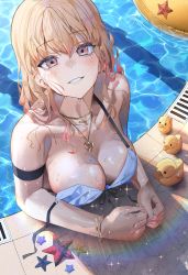 Rule 34 | 1girl, absurdres, armlet, bare shoulders, bikini, blonde hair, blush, bracelet, breasts, cleavage, collarbone, commentary, day, from above, hani haya, highres, huge filesize, innertube, jewelry, large breasts, long hair, looking at viewer, mole, mole on breast, mole under eye, necklace, original, partially submerged, pool, rubber duck, smile, swim ring, swimsuit, untied bikini, water, white bikini