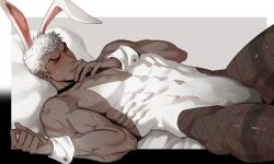 Rule 34 | 1boy, 1thousand9, abs, anger vein, animal ears, bare shoulders, bed sheet, black choker, blush, bulge, choker, closed eyes, covered abs, covering own mouth, dark-skinned male, dark skin, fake animal ears, fishnets, garter straps, hand over own mouth, leotard, lying, male focus, male playboy bunny, muscular, muscular male, on back, original, pectorals, pillow, rabbit ears, short hair, simple background, sweatdrop, veins, veiny arms, white background, white hair, white leotard, wrist cuffs