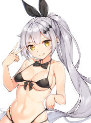 Rule 34 | 1girl, :q, bare shoulders, bikini, black bikini, black bow, black bowtie, black ribbon, bow, bowtie, breasts, cleavage, collarbone, commentary, five-seven (cruise queen) (girls&#039; frontline), five-seven (girls&#039; frontline), girls&#039; frontline, hair ribbon, head tilt, highres, long hair, looking at viewer, md5 mismatch, medium breasts, multi-strapped bikini, navel, official alternate costume, resolution mismatch, revision, ribbon, rikoma, side ponytail, silver hair, simple background, skindentation, solo, source larger, stomach, string bikini, swimsuit, tongue, tongue out, underboob, upper body, v, very long hair, white background, yellow eyes