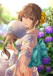 Rule 34 | 1girl, :d, aqua bow, back bow, blue flower, bow, braid, brown eyes, brown hair, commentary request, day, floral print, flower, hair flower, hair ornament, hair over shoulder, hand fan, highres, holding, holding fan, holding hands, hydrangea, japanese clothes, kimono, long hair, obi, open mouth, original, outdoors, paper fan, pov, pov hands, purple flower, sash, shintou, sidelocks, smile, solo focus, uchiwa, wide sleeves, yellow flower