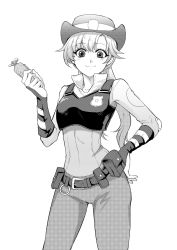 Rule 34 | 1girl, badge, belt pouch, blush, carrot, closed mouth, eyelashes, greyscale, hat, highres, holding, judy hopps, long hair, looking at viewer, monochrome, personification, police, police uniform, policewoman, pouch, sanonoreku rlo, simple background, smile, solo, uniform, white background, zootopia