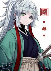 Rule 34 | 1girl, b.d, black kimono, breasts, earrings, fate/samurai remnant, fate (series), green eyes, green kimono, hakama, hakama skirt, highres, japanese clothes, jewelry, katana, kimono, long hair, long sleeves, looking at viewer, medium breasts, ponytail, sidelocks, skirt, solo, sword, weapon, white hair, white hakama, wide sleeves, yui shousetsu (fate)