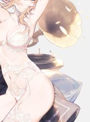 Rule 34 | 1girl, armpits, arms up, blonde hair, bra, breasts, breasts apart, cleavage, collarbone, cross, cross earrings, earrings, garter belt, garter straps, genshin impact, head out of frame, highres, jean (genshin impact), jewelry, lace, lace-trimmed legwear, lace bra, lace panties, lace trim, latin cross, lingerie, navel, panties, phonograph, saika ryougi, sidelocks, single earring, sitting, solo, thighhighs, underwear, white garter belt, white garter straps, white thighhighs