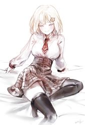 Rule 34 | 1girl, absurdres, blonde hair, blue eyes, blush, brown skirt, collared shirt, hair ornament, highres, hololive, hololive english, hyde (tabakko), necktie, plaid, plaid skirt, red necktie, shirt, shirt tucked in, short hair, short necktie, signature, sitting, sketch, skirt, smile, solo, virtual youtuber, watson amelia