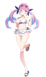 1girl ahoge anchor_ornament bare_shoulders bikini blue_footwear blue_hair blue_nails blue_ribbon blush bow bow_bikini braid breasts closed_mouth collarbone colored_inner_hair commentary_request double_v drill_hair feet feet_up fingernails frilled_bikini frills full_body gradient-tinted_eyewear grey-framed_eyewear hair_ribbon halterneck heart heart-shaped_eyewear highres hololive kurono_yuzuko large_breasts light_blue_hair long_hair looking_at_viewer minato_aqua multicolored_hair nail_polish navel o-ring o-ring_bikini o-ring_top one_eye_closed pink-tinted_eyewear pink_eyes pink_hair purple-tinted_eyewear ribbon side-tie_bikini_bottom simple_background smile solo standing standing_on_one_leg stomach streaked_hair string_bikini sunglasses swimsuit thighs tinted_eyewear toenail_polish toenails toes twin_drills two-tone_hair v virtual_youtuber white_background white_bikini
