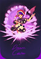 Rule 34 | 1girl, bad id, bad pixiv id, black dress, blob, blue hair, capelet, cheong ha, danmaku, doremy sweet, dress, english text, hand up, hat, looking at viewer, moon, multicolored clothes, multicolored dress, nightcap, open hand, open mouth, red eyes, short dress, short hair, smile, solo, space, tail, tapir tail, teeth, thighs, tongue, touhou, white dress