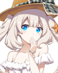 Rule 34 | 1girl, blonde hair, blue eyes, bow, bracelet, commentary request, covering own mouth, fate/grand order, fate (series), frilled shirt, frills, hat, hat bow, hat ribbon, jewelry, kiss day, marie antoinette (fate), marie antoinette (fate/grand order), marie antoinette (swimsuit caster) (fate), marie antoinette (swimsuit caster) (second ascension) (fate), mitsuki meia, ribbon, shell hair ornament, shirt, simple background, solo, starfish hair ornament, twintails, white background