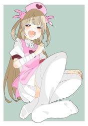 Rule 34 | 1girl, :d, absurdres, apron, bad id, bad twitter id, blush, collared dress, donguri suzume, dress, fang, feet, fingernails, green background, hair ornament, hand up, hat, heart, highres, looking at viewer, nail polish, natori sana, no shoes, nurse cap, open mouth, pink apron, pink hat, pink nails, puffy short sleeves, puffy sleeves, rabbit hair ornament, sana channel, short sleeves, simple background, sitting, smile, solo, thighhighs, two side up, virtual youtuber, white dress, white thighhighs, wing collar