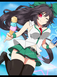 Rule 34 | 1girl, adapted costume, belt, black hair, black thighhighs, bouncing breasts, brand name imitation, breasts, can, female focus, food, fuji hyorone, ice cream, ice cream cone, large breasts, letterboxed, long hair, microskirt, no wings, one eye closed, pocari sweat, red eyes, reiuji utsuho, skirt, sleeveless, smile, solo, star (symbol), thighhighs, touhou, wink, wristband, zettai ryouiki