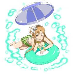 Rule 34 | 1girl, ;d, asuna (sao), bare shoulders, barefoot, bikini, bracelet, breasts, brown eyes, brown hair, cleavage, feet, flower, full body, green bikini, green skirt, hair flower, hair ornament, head rest, hibiscus, highres, innertube, jewelry, long hair, looking at viewer, lying, medium breasts, official art, on stomach, one eye closed, open mouth, skirt, smile, solo, swim ring, swimsuit, sword art online, toes, transparent background, white flower