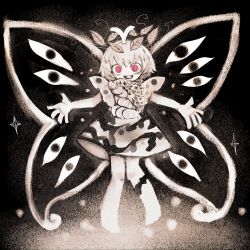 Rule 34 | 1girl, @ @, antennae, barefoot, butterfly wings, commentary, crazy eyes, crazy smile, dress, eternity larva, fairy, full body, hair between eyes, highres, insect wings, leaf, leaf on head, mokumoku22, multicolored clothes, multicolored dress, open mouth, red eyes, short hair, short sleeves, single strap, smile, solo, spot color, touhou, wings