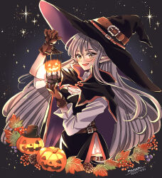 Rule 34 | 1girl, artist name, belt, black cape, black dress, black headwear, blush, brown belt, brown eyes, brown gloves, cape, collared shirt, commentary, dated, dress, from side, gloves, glowing, grey hair, halloween, hand up, hat belt, holding, holding lantern, jack-o&#039;-lantern, lantern, leaf, long hair, long sleeves, monocle, night, night sky, open mouth, original, outdoors, pointy ears, pumpkin, shirt, signature, sky, smile, solo, sparkle, star (sky), starry sky, sugano manami, white shirt, witch