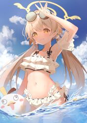 Rule 34 | 1girl, absurdres, armpits, bikini, blue archive, blue sky, cloud, day, eyewear on head, frilled bikini, frills, hair flaps, halo, hifumi (blue archive), hifumi (swimsuit) (blue archive), highres, light brown hair, low twintails, navel, ocean, official alternate costume, outdoors, ribbon-trimmed bikini, ribbon-trimmed swimsuit, ribbon trim, side-tie bikini bottom, sky, sunglasses, swimsuit, tomo (tomosa011326), twintails, water, white bikini, yellow eyes