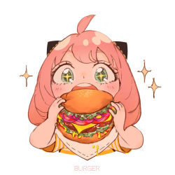 Rule 34 | + +, 1girl, absurdres, ahoge, anya (spy x family), blush, burger, child, commentary request, eating, english text, food, green eyes, hair ornament, hairpods, highres, holding, holding food, medium hair, open mouth, peanuts omr, pink hair, shirt, short sleeves, simple background, sparkle, spy x family, teeth, upper teeth only, white background, yellow shirt