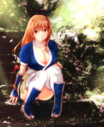 Rule 34 | 1girl, :o, blush, breasts, brown eyes, brown hair, choker, cleavage, collarbone, day, dead or alive, full body, japanese clothes, kasumi (doa), kettsu, large breasts, long hair, looking at viewer, ninja, outdoors, panties, pantyshot, pelvic curtain, sash, sitting, sitting on stairs, solo, stairs, sunlight, thighhighs, underwear, weapon, weapon on back, white panties, white thighhighs