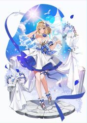 Rule 34 | 1girl, absurdres, ankle scrunchie, arm scrunchie, bare legs, bare shoulders, bird, blue sky, bouquet, breasts, bridal veil, brown dust 2, bush, church, church bell, cobblestone, dress, flower, hair flower, hair ornament, hand in own hair, high heels, highres, holding, holding clothes, large breasts, marble (stone), pleated dress, ribbom, scrunchie, sky, standing, standing on one leg, stone pillar, strapless, strapless dress, sun, user egrg2847, veil, wedding, wedding dress, white flower