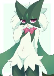 Rule 34 | 1girl, 2023, blush, creatures (company), female focus, furry, furry female, game freak, green fur, looking at viewer, meowscarada, nintendo, open mouth, pokemon, pokemon (creature), purple eyes, shirom, smile, solo, standing