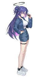 Rule 34 | 1girl, absurdres, black halo, black socks, blue archive, breasts, closed mouth, commentary, full body, halo, highres, ildy, large breasts, long hair, multicolored hair, pink hair, purple eyes, purple hair, shoes, simple background, sneakers, socks, solo, standing, thigh strap, two-tone hair, two side up, white background, white footwear, yuuka (blue archive)