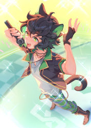 Rule 34 | 1boy, animal ears, black footwear, black gloves, black hair, black jacket, black tail, boots, cat boy, cat ears, cat tail, fingerless gloves, full body, gloves, green eyes, green pants, grey shirt, highres, holding, holding microphone, jacket, luo xiaohei, luo xiaohei (human), luo xiaohei zhanji, microphone, open mouth, pants, shirt, short hair, short sleeves, smile, solo, sparkle, standing, suncle, tail
