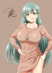 Rule 34 | 1girl, blush, breasts, brown background, brown sweater, closed mouth, collarbone, cowboy shot, dog tags, green hair, grey eyes, hair between eyes, hair ornament, hairclip, hand on own hip, highres, kantai collection, large breasts, long hair, long sleeves, looking at viewer, paid reward available, ribbed sweater, signature, simple background, smile, solo, suzuya (kancolle), sweater, tongue, tongue out, twitter username, yua (checkmate)