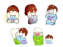 Rule 34 | &gt; &lt;, 1boy, :&lt;, :3, androgynous, animalization, asriel dreemurr, blush, blush stickers, brown hair, caribun, closed eyes, fangs, finger to mouth, frisk (undertale), furry, hair between eyes, holding ears, horns, kiss, monster boy, o o, open mouth, simple background, striped clothes, striped sweater, sweater, undertale, wavy mouth, white background, yawning