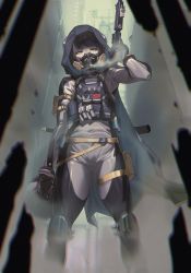 Rule 34 | 1girl, absurdres, all master necromancer, belt, black gloves, black hair, bodysuit, bulletproof vest, covered navel, gas mask, gloves, gun, handgun, helmet, highres, holding, holding gun, holding helmet, holding weapon, hood, hood up, jin rou, looking at viewer, looking down, mask, mouth mask, novel illustration, official art, pistol, pouch, science fiction, short hair, solo, thigh pouch, thigh strap, utility belt, weapon, yellow eyes