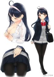 Rule 34 | 10s, 1girl, 2016, ahoge, alternate costume, ama mitsuki, artist name, bag, black hair, black pantyhose, blazer, breasts, brown eyes, cardigan, cleavage, closed eyes, collared shirt, crotch seam, dated, hairband, jacket, kantai collection, large breasts, long hair, miniskirt, multiple views, open clothes, open jacket, panties, panties under pantyhose, pantyhose, pleated skirt, school bag, school uniform, see-through, shirt, signature, simple background, skirt, underwear, upskirt, ushio (kancolle), white background, white shirt