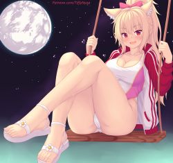 Rule 34 | 1girl, animal ear fluff, animal ears, ass, blonde hair, blush, bow, breasts, cat ears, cat tail, feet, hair bow, highres, jacket, jacket over swimsuit, large breasts, long hair, looking at viewer, nottytiffy, one-piece swimsuit, original, patreon username, red eyes, sandals, self-portrait, slit pupils, smile, solo, swimsuit, tail, thighhighs, thighs, tiffy (nottytiffy), toes, watermark, web address